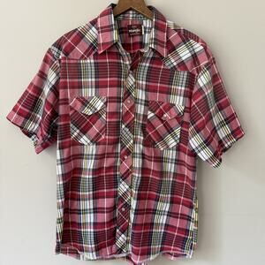 Wrangler 80s 90s Red Plaid Western Pearl Snap Shirt Mens Size L Cowboy Rodeo VTG